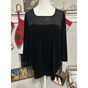 Vintage Y2k ELEMENTZ New Medium Black Velvet Babydoll Blouse Whimisigoth Beaded